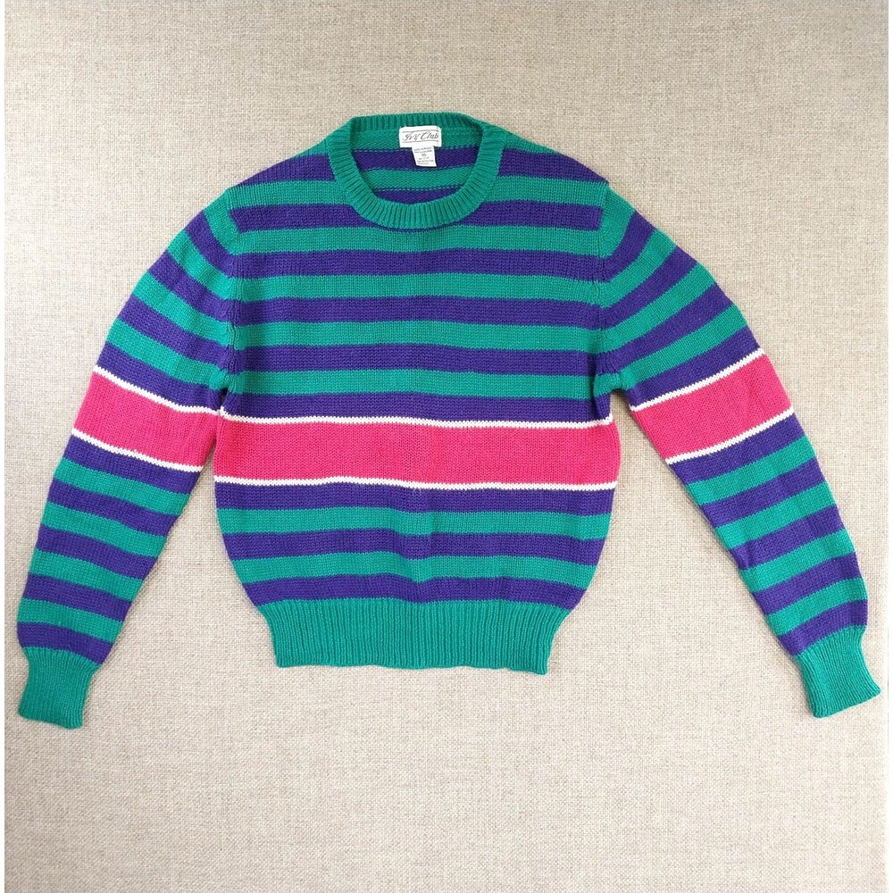 Vintage 1980s Ivy Club Pull-Over Knit Sweater Vibrant striped Acrylic Size M